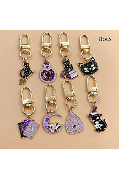 Choice 8pcs 8pcs Black Cat Keychains, Alloy Charms W/ Purple & Gold. Perfect ...