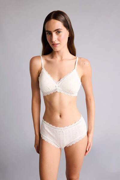DeFacto 100% Cotton Lace Detailed Ribbed Patterned Slip White Panties H7275Ax...