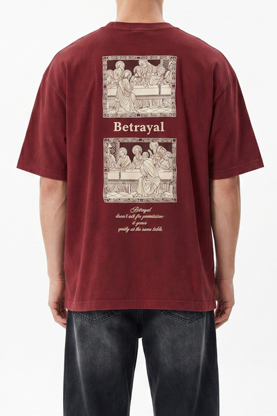 Respire Men's Betrayal Printed Washable Oversize T-Shirt Burgundy