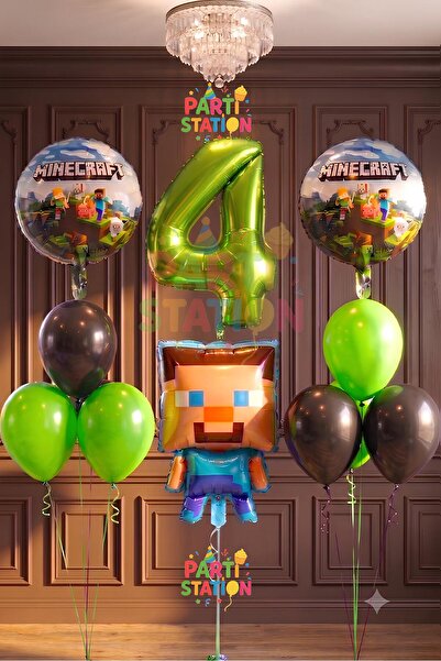 Parti Station Yeşil Rakam Balonlu Minecraft Konsept Doğum Günü 4 Yaş Balon Se...