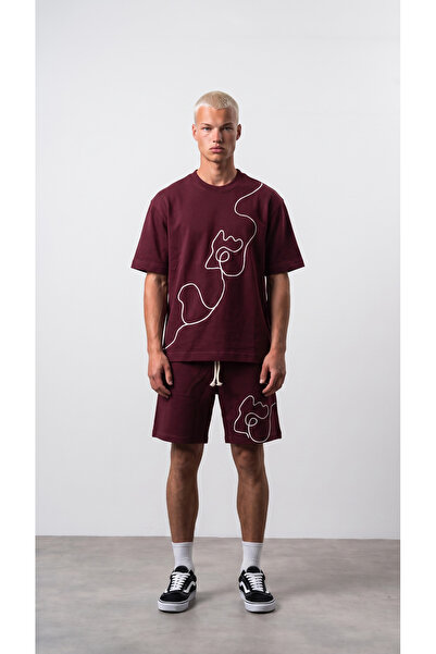 Respire Men's Embroidery Detailed Regular Fit T-Shirt Shorts Set Burgundy