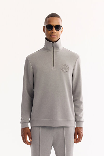 Avva Men's Gray Stand Collar Zippered Soft Touch Printed Regular Fit Sweatshi...