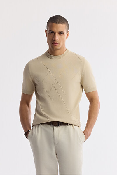 Avva Men's Beige Crew Neck Rayon Knitwear Regular Fit T-Shirt A51Y5003