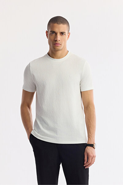 Avva Men's White Crew Neck Jacquard Elastane Regular Fit T-Shirt A51Y1165