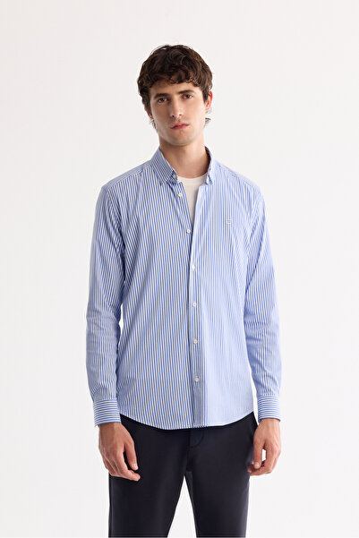 Avva Men's Blue Button-Down Collar Easy-Iron Slim Fit Shirt A42Y2134
