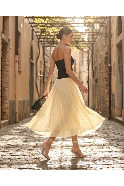 The Drop Rochie maxi de damă Lillian, fără bretele, cu materiale combinate