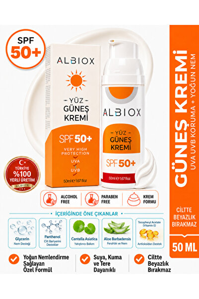 SPF 50+ Leke Karşıtı Tüm Ciltler için Yüz,UVA UVB Filtreli E Vitamini,Aloe Vera Özlü Yüksek Korumalı +50 Faktör,50 ML