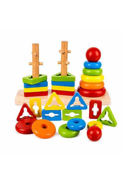 KRUZZEL Jucărie educativă din lemn, sortator de forme geometrice și puzzle Mo...