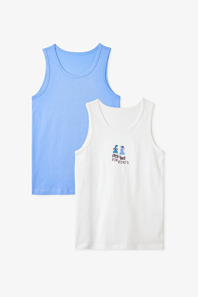 Penti Boy's Blue Chess Dinosaur Patterned 2-Piece Undershirt