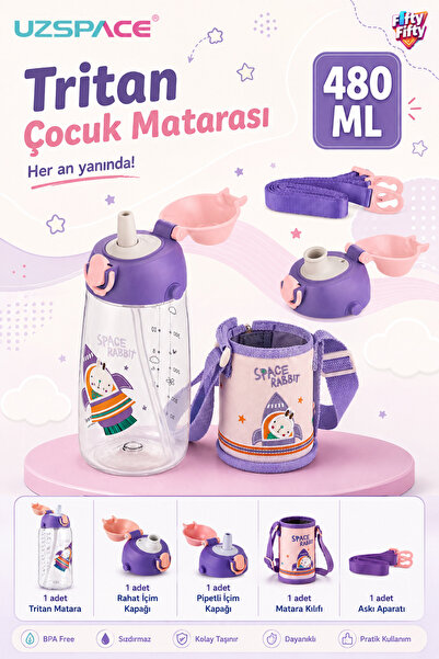 Uzspace 480 ML Kılıflı 2 Ayrı Kapaklı Pipetli / Pipetsiz Tritan Çocuk Su Mata...