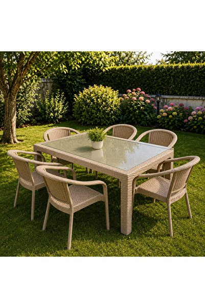 adak Bambu 90x150 Cm Camlı Rattan Bahçe Balkon Masa Takımı