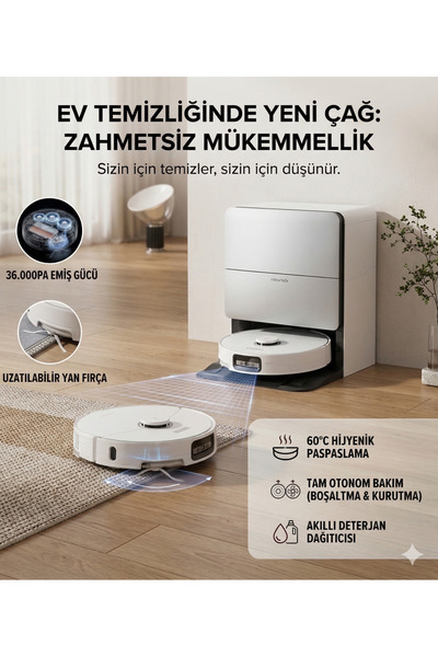Roborock 36.000Pa Ultra Emiş Gücü Otomatik Yıkama, Kurutma Ve Paspas Temizlem...