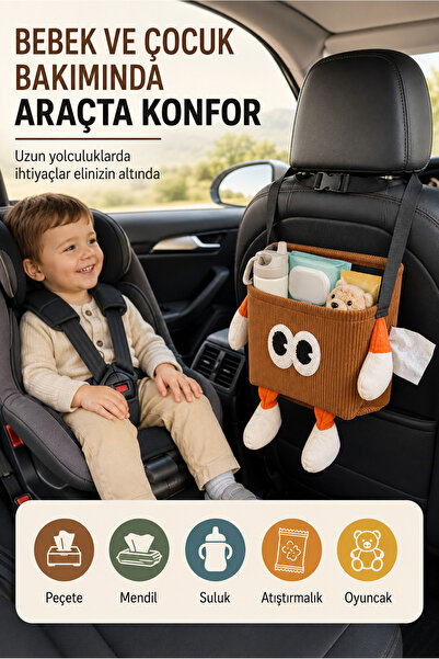 YHH Kids BinMio Çok Amaçlı Araç Çöp Çantası | Çocuk Araç Düzenleyici, Peçetelik Kahverengi
