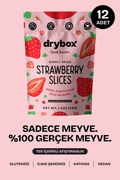DRYBOX Doğal Kurutulmuş Çilek Dilimleri (Tatlı ve Gevrek) - 34g 12'li Paket