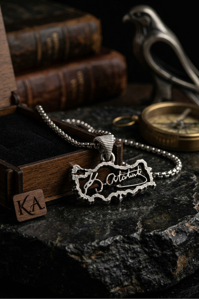 Begondio Ataturk Signed Turkey Map Handcrafted Stainless Steel Chain Men's Ne...