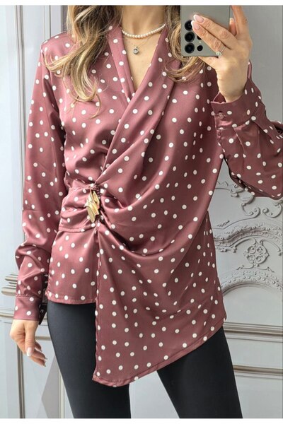 MAXORA SHOP Camasi asimetrice din satin cu brosa detasabila Aurelia - Roz