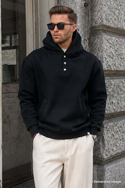 Madmext Black Hooded Button Detailed Sweatshirt 6150