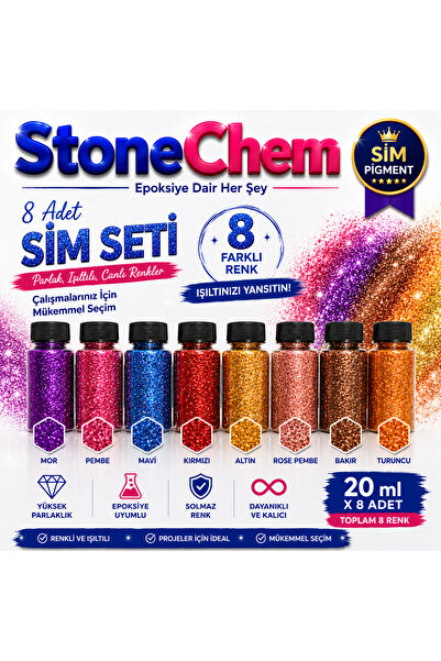 stonechem Yüksek Parlaklık Sim Seti 20 ml x 8 Adet Canlı Renkler Epoksi ve Ho...
