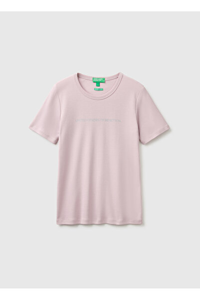 United Colors of Benetton Women's lilac 100% cotton logo printed crew neck t-...
