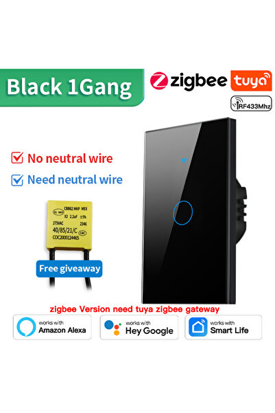 Choice10 مفتاح حائط ذكي TNCE Zigbee أسود بـ 1 زر، متوافق مع Tuya US WiFi أو Z...