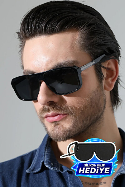 MİLANO KORS Men's Black Frame Black Glass Sunglasses with Gray Edge Detail