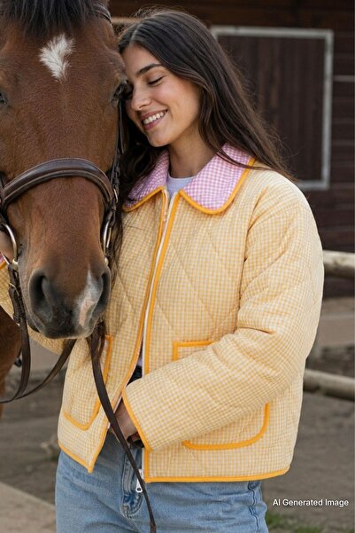 Madmext Yellow Gingham Pocketed Women's Coat Mg2488
