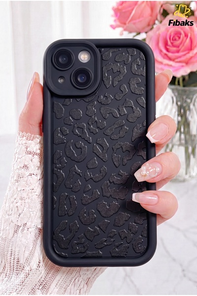 Fibaks iPhone 13/14 Kılıf Yumuşak Siyah Leopar Desenli Yumuşak Kamera Korumal...