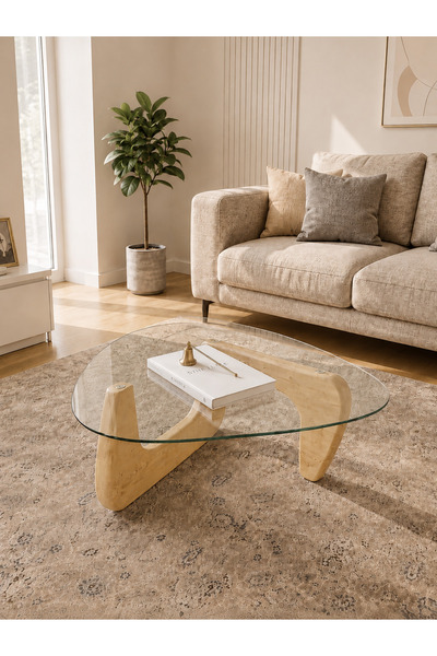 EFFE YAPI DEKOR Orta Sehpa - Naturel Renkli Asimetrik Model 90X65 Cm ( Temper...