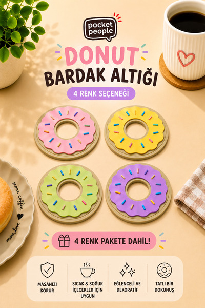 Pocket People Donut Tasarımlı Bardak Altlığı 4'lü Set | Dekoratif Masa Aksesu...