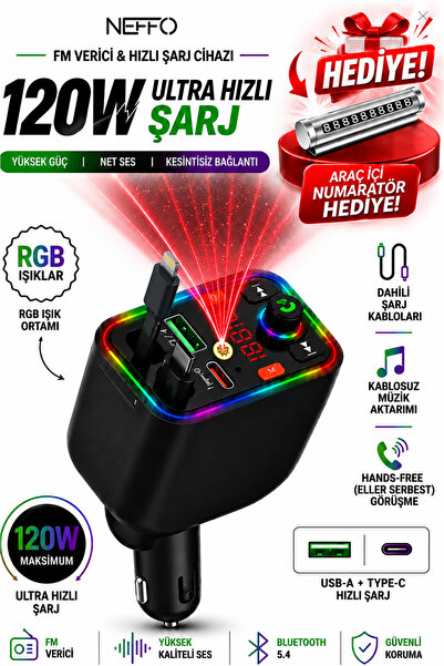 NEFFO 4'ü 1 Arada 120 W Araç Şarj Cihazı FM Transmitter Çakmaklık Bluetooth 5...