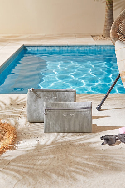 Ocean Home Textile 2 Adet Termal Astarlı Su İtici Leke Tutmaz Gri Jüt Keten Makyaj İlaç Çantası Seti 22x14/23x16x7