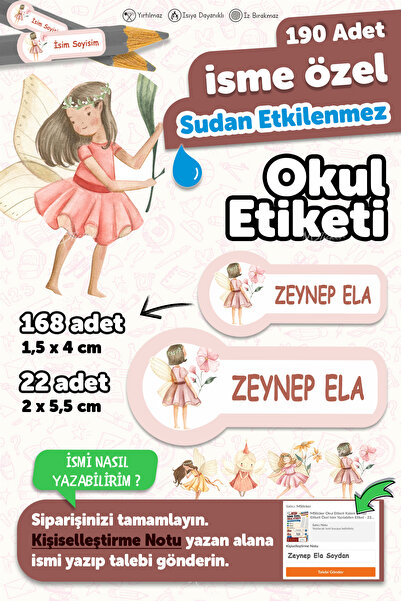 MSticker Okul Etiketi Kalem Defter Etiketi Peri Kızı Özel Isim Yazılabilen Et...