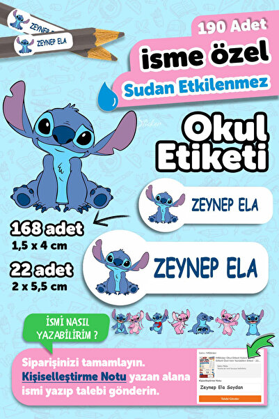 MSticker Okul Etiketi Kalem Defter isimli Etiket Isim Yazılabilen Stitch - 19...