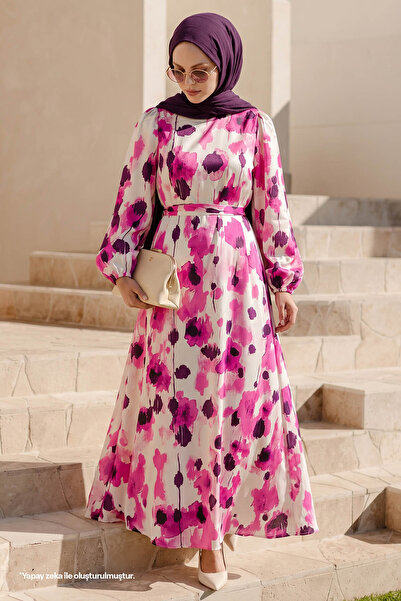 InStyle Floral Belted Fuchsia Satin Dress