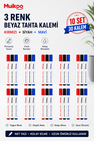 muikoo 10 Paket 3'lü Beyaz Tahta Kalemi Seti - Kırmızı, Mavi, Siyah