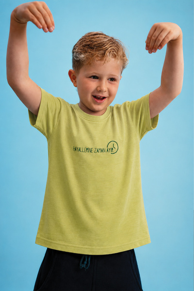 Cigit Slogan Printed T-Shirt for Ages 2-10 Lime