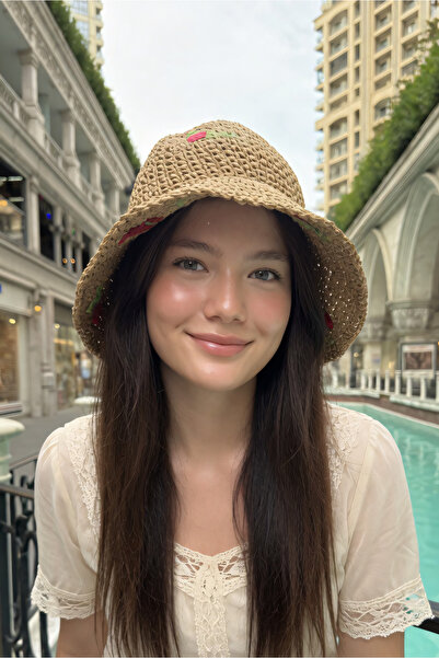 Mollycrush Women's Camel Straw Rope Cherry D Patterned Bucket Hat |   Summer ...