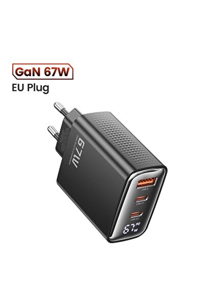Toocki 67W EU Plug Black 67W GaN USB Type C Charger Digital Display 65W 45W P...