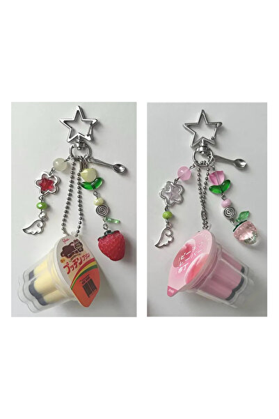 Choice set Fashion Japanese Pudding Keychain, Pink Yellow Egg Flan Charm, Y2K...
