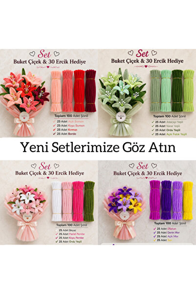 hyc heryerçiçeklenir Set of 3 Pastel Pink (50), White (25), Army Green (25) Chenille, Suitable for Flower Making, Fuzzy Wire