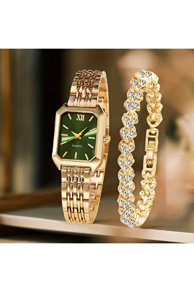 Choice3 Gold Green Kit 2PCS/Set Fashion Rectangle Women Quartz Watch Ladies R...