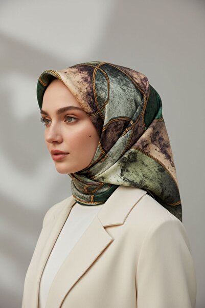 Vissona % 57 İPEK % 43 VİSKON Twill İpek Zincirli Mermer Desenli Zümrüt Yeşil...