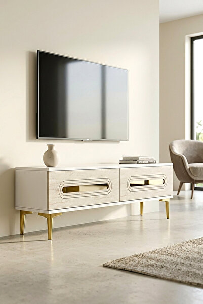 cnyr TSA1220BTG - RANYTV120 TV STAND, TV SEHPASI BEYAZ - TRAVERTEN - GOLD 120CM