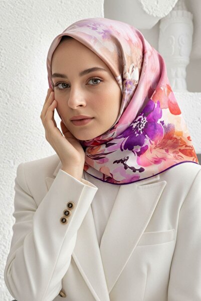Vissona 100% Twill Silk Floral Patterned Purple Colored 90X90 Scarf Sewing Sh...