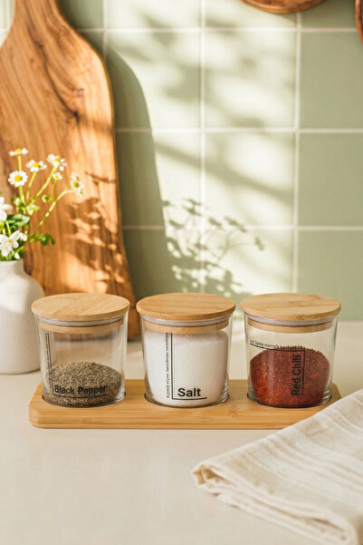 Rakle Daily Bambu Kapak ve Stantlı 3'lü Baharatlık Seti 380 cc
