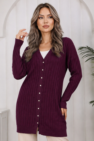 benguen Cardigan lung mercerizat cu dungi N3179 Prune