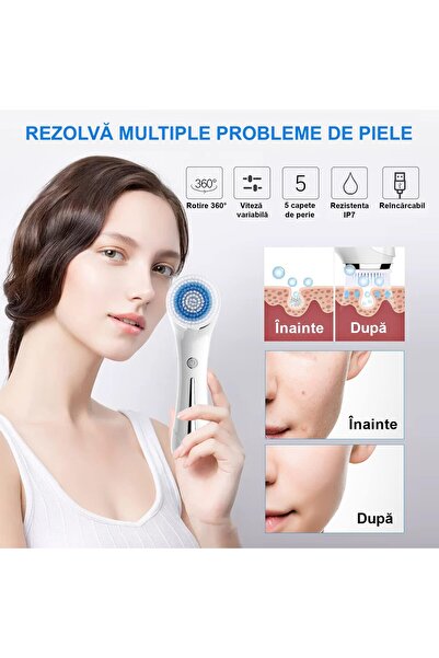 LittleDomi Perie de Curatare Faciala LittleDomi, 2 in 1, Vibratii, 4 Capete, 2 Viteze, Acumulator Inclus