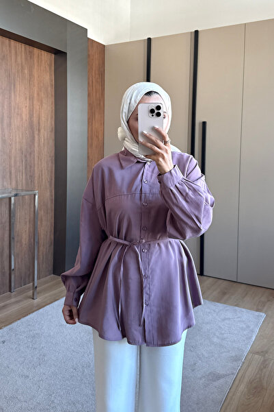 ensade Women's Summer Belted Oversize Shirt Long Sleeve Buttoned Hijab Shirt ...