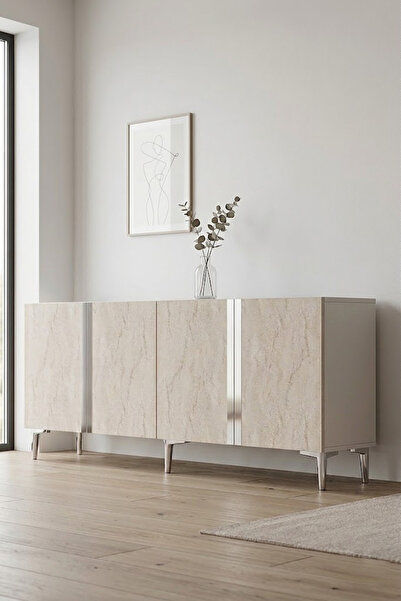 CENEYRA KA1898BTS ANKA Konsol ve Tv Sehpası Beyaz-Traverten-Silver 180cm