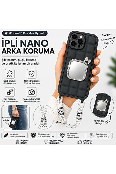 Nettech iPhone 15 Pro Max Uyumlu Taş Detaylı Askılı Kılıf – Şık Premium Silik...